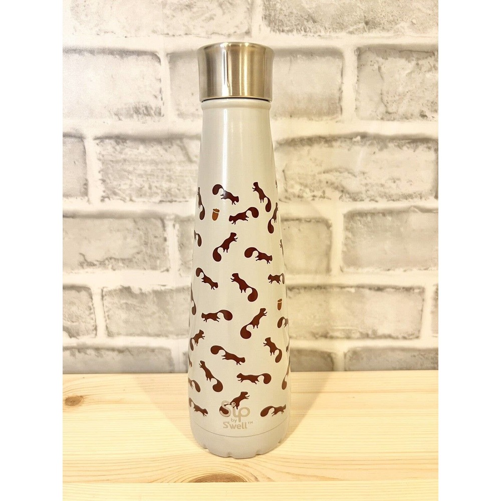 Sip By Swell 15 oz Metal Water Bottle ~ Gray with Rust Squirrels and Acorns EUC!
